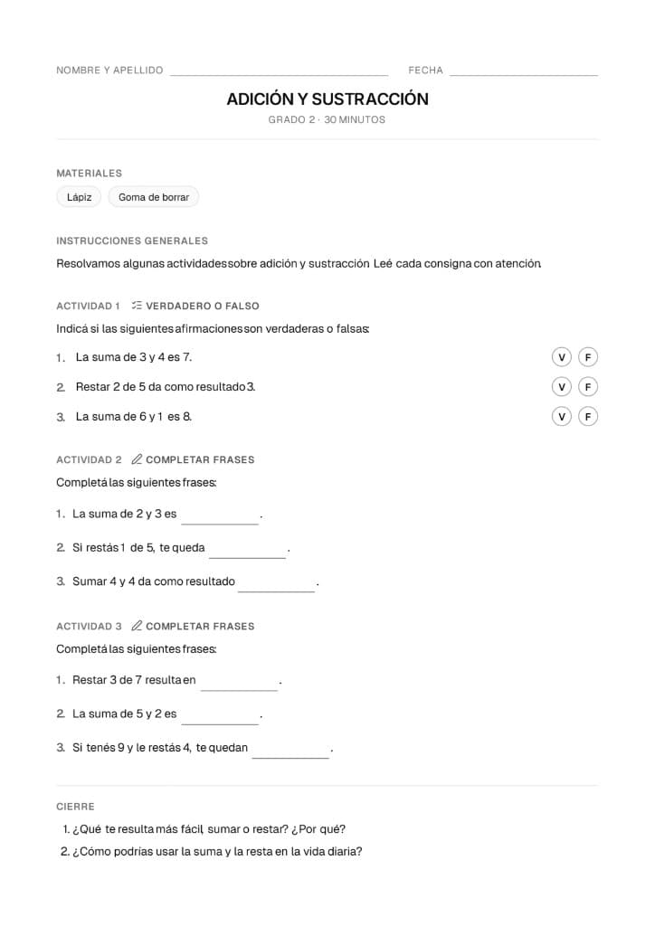 Ficha de actividades de adición y sustracción
