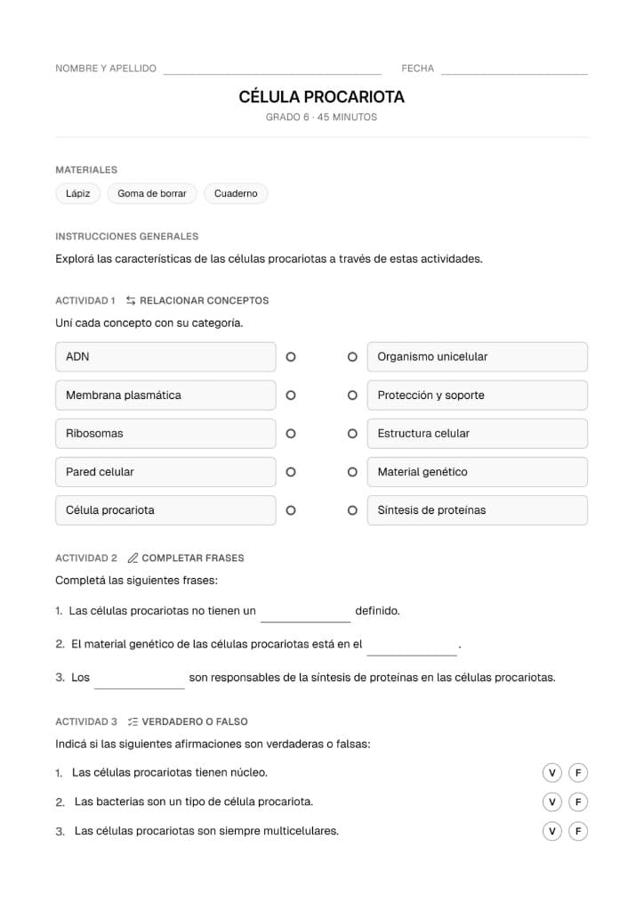 Actividad de ciencias sobre células y seres vivos