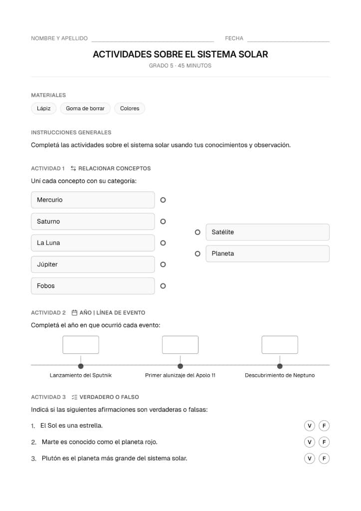 Ficha de actividades sobre el sistema solar