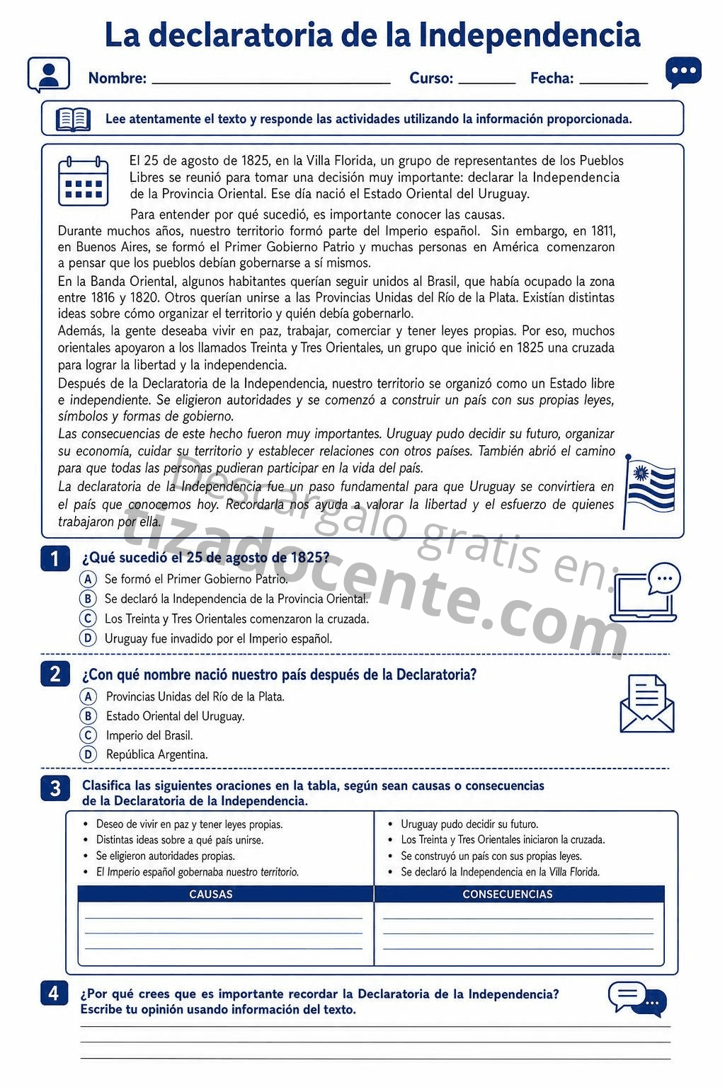 Declaratoria de la Independencia (ficha para imprimir)